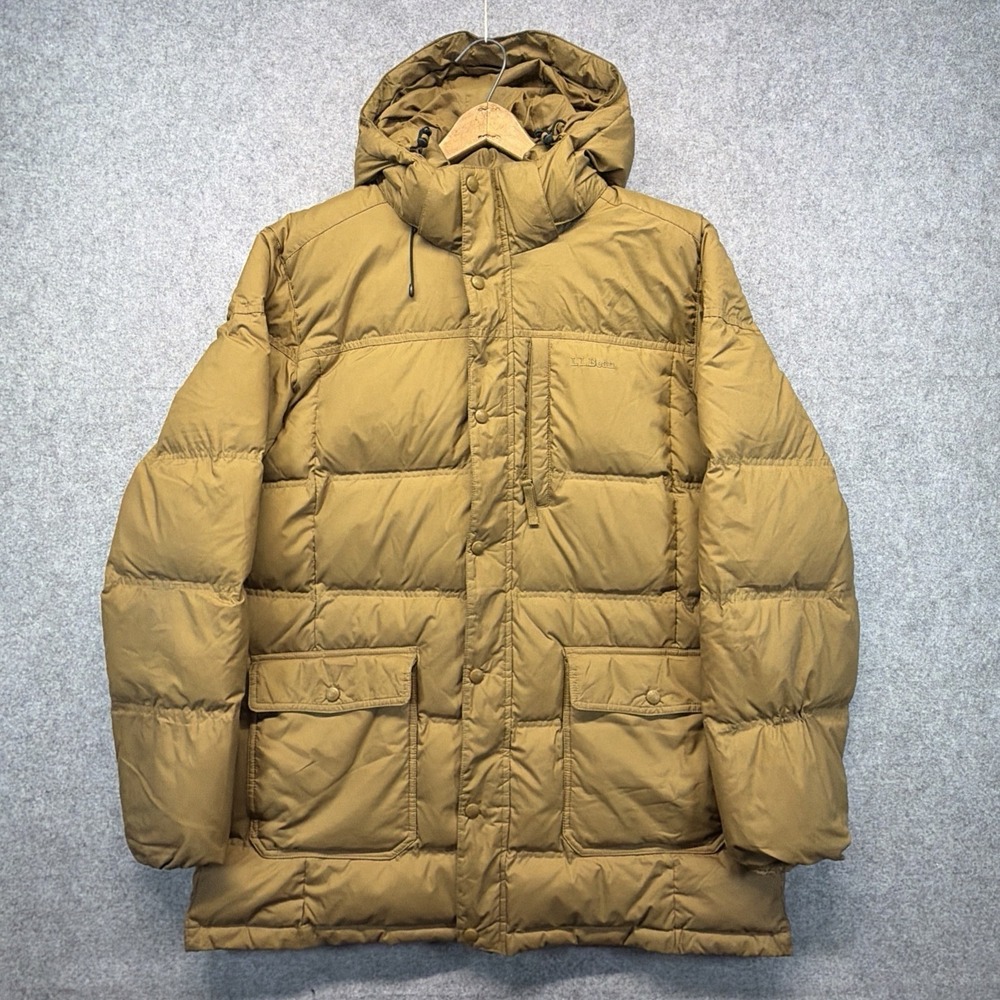 LL Bean Goose Down Parka Jacket Mens XL Brown Hooded Puffer